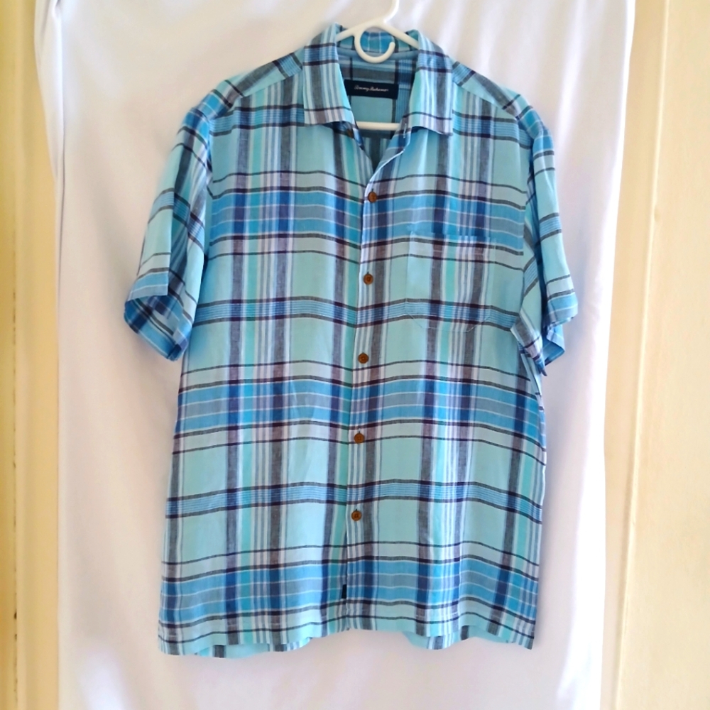 Tommy Bahama 100% Linen Plaid Button Down Shirt
